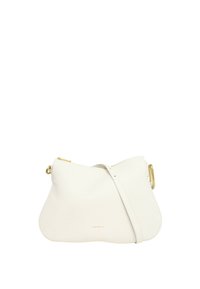 Borsa a tracolla in pelle bianca con forma arrotondata, accessori in tonalità dorata e superficie testurizzata. Presenta una chiusura con zip e una tracolla regolabile.