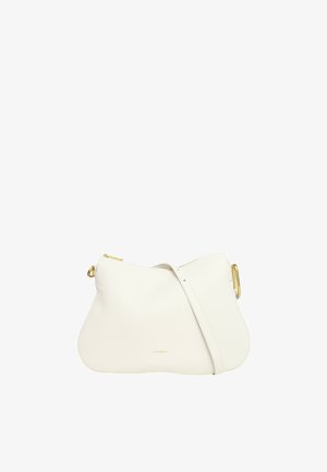 Borsa a tracolla in pelle bianca con forma arrotondata, accessori in tonalità dorata e superficie testurizzata. Presenta una chiusura con zip e una tracolla regolabile.