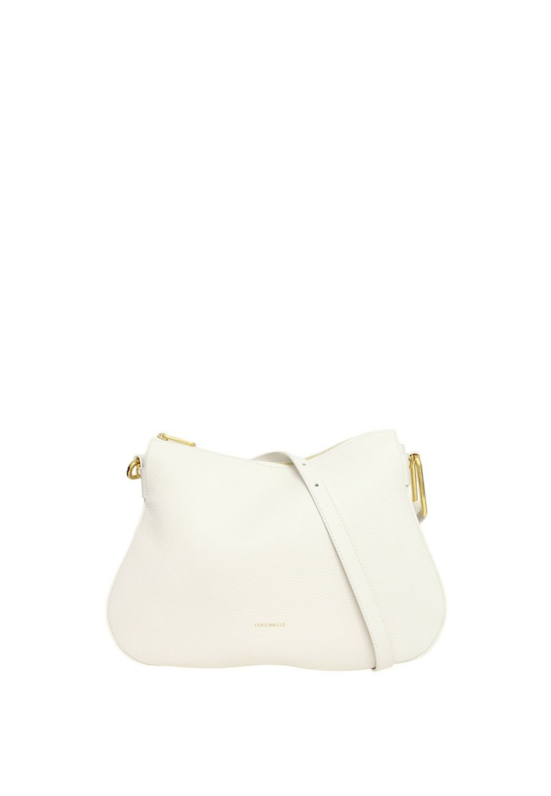 Borsa a tracolla in pelle bianca con forma arrotondata, accessori in tonalità dorata e superficie testurizzata. Presenta una chiusura con zip e una tracolla regolabile.