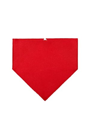Roter Stoff, zu einer dreieckigen Bandana gefaltet, mit einem kleinen Einschnitt in der Mitte des oberen Randes vor weißem Hintergrund.