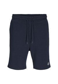 Navyblaue Sweatshorts mit einem elastischen Bund und Kordelzug, Seitentaschen und einem weißen Logoakzent am unteren Saum.