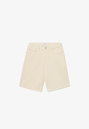 Beige denim shorts with a straight-cut design, featuring a front button closure, five-pocket styling, and a smooth texture.