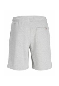 Gray cotton shorts with an elastic waistband, featuring a back pocket and subtle texture. Short design with clean edges.
