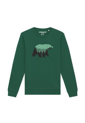 Grüner Pullover mit einem Grafikdesign eines Bären und Bäumen in Türkis und Schwarz. Aus weichem Stoff gefertigt, mit Rundhalsausschnitt und gerippten Bündchen.