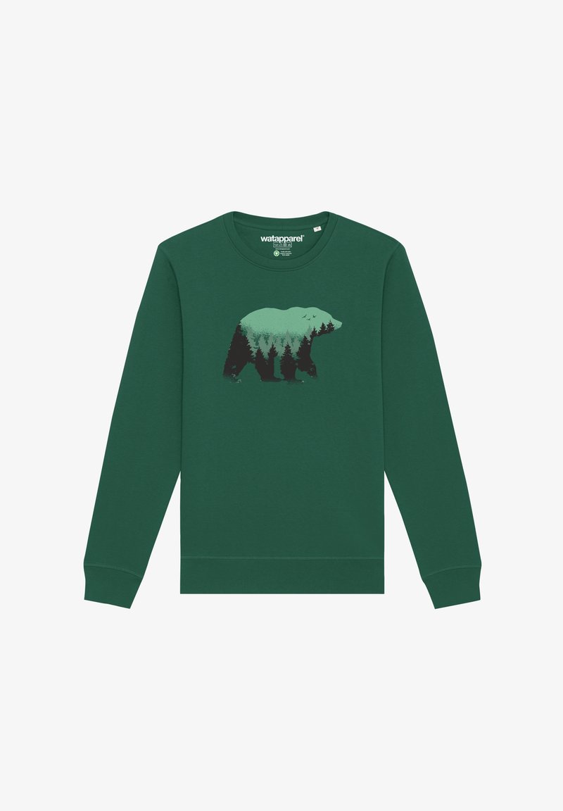 Groene sweatshirt met een afbeelding van een beer en bomen in teal en zwart. Gemaakt van zachte stof met een ronde halslijn en geribde manchetten.