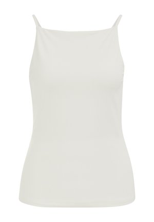 Witte getailleerde camisoleshirt met dunne schouderbandjes en rechte halslijn, weergegeven tegen een effen achtergrond.
