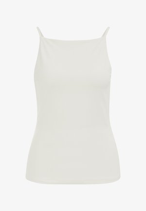 Biały dopasowany top na cienkich ramiączkach z prostym dekoltem, pokazany na jednolitym tle.