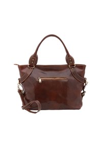Borsa a tracolla in pelle marrone con doppi manici, tracolla rimovibile e tasca frontale con zip. Tessuto liscio con cuciture a contrasto.