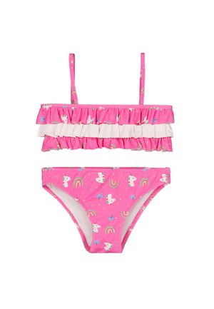 Bañador de dos piezas rosa con patrones de unicornio, arcoíris y estrellas, con volantes superpuestos en la parte frontal del top y tirantes ajustables en los hombros.