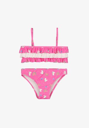 Bañador de dos piezas rosa con patrones de unicornio, arcoíris y estrellas, con volantes superpuestos en la parte frontal del top y tirantes ajustables en los hombros.