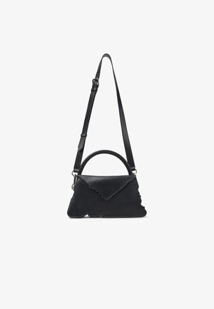 Black leather handbag with an irregular, jagged edge design. Features a detachable shoulder strap and a rounded top handle.