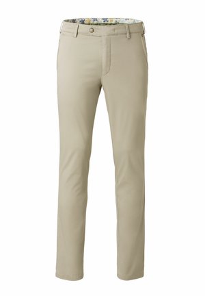 Beige Hosen mit geradem Schnitt, ausgestattet mit einem gemusterten Innenbund und standardmäßigen Fronttaschen, aus einem glatten Stoff gefertigt.