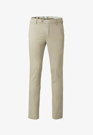 Beige Hosen mit geradem Schnitt, ausgestattet mit einem gemusterten Innenbund und standardmäßigen Fronttaschen, aus einem glatten Stoff gefertigt.