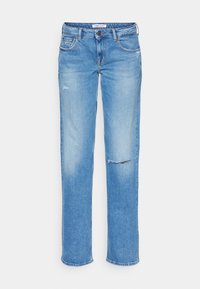 Light blue denim jeans with a straight cut, featuring a distressed knee detail and standard five-pocket design, finished with a belt loop waistband.