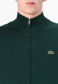 Zaļa adīta kapuce ar rāvējslēdzēju un augstu apkakli, ar mazu izšuvumu krokodila logotipu kreisajā krūtī. Gluda tekstūra, pieguloša forma.