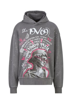 Grauer Hoodie mit Grafik einer klassischen Statue, die eine Kappe und rosa Sonnenbrille trägt, umgeben von weißen und rosa Graffiti-Texten und Designs.