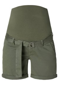 Pantaloni da maternità color verde oliva, con vita aderente, passanti per la cintura, orli arrotolati e una cintura in tessuto con fibbia circolare. Texture liscia.