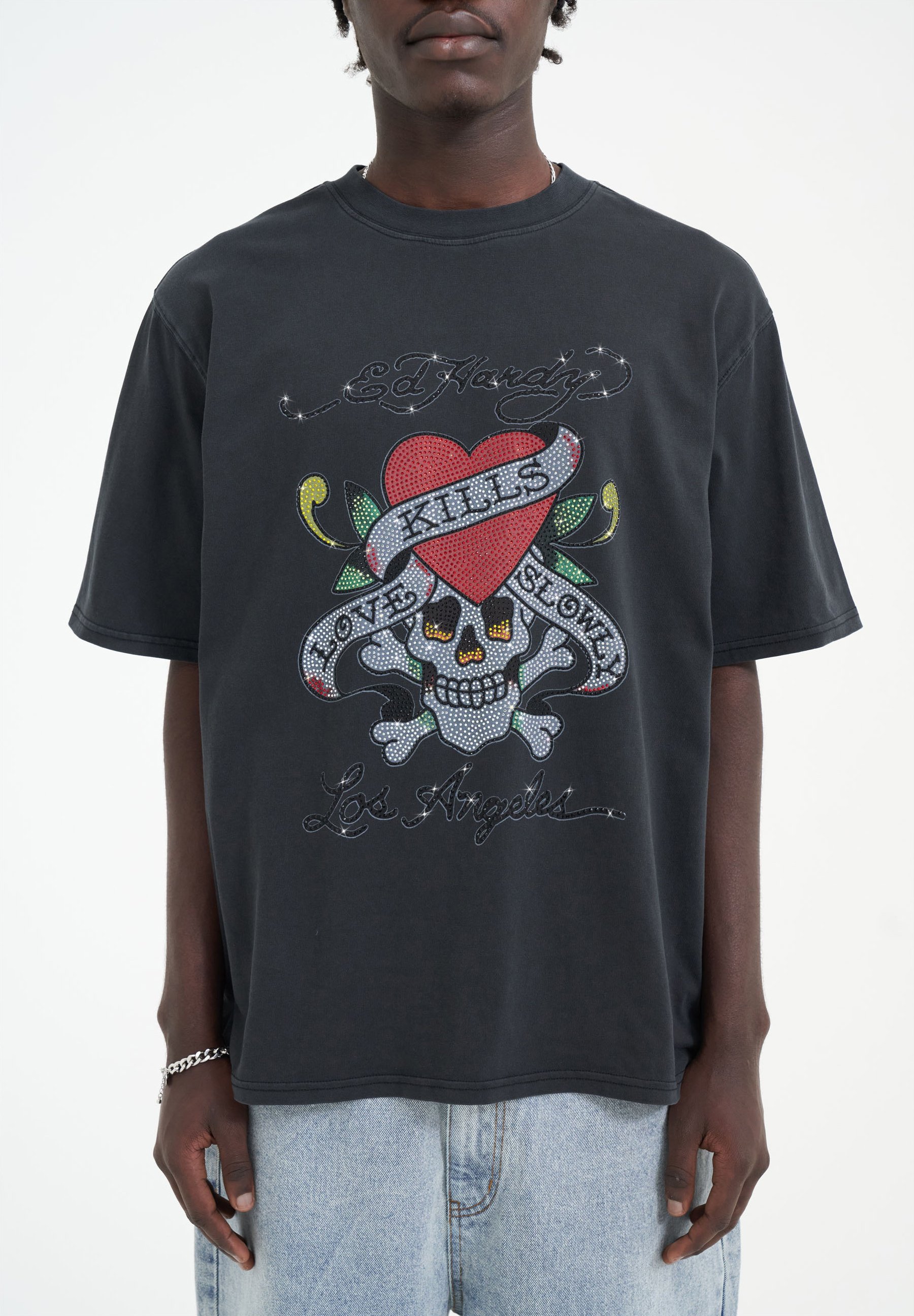【Ed Hardy】Love Kills Slowly Diamante クロップド丈 Tシャツ Womens Love Kills Slowly Diamante Tshirt - Grey – Ed Hardy