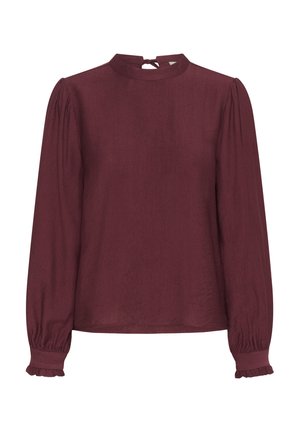 Maroon long-sleeve blouse with a high neckline, button closure at the back, and gathered puff sleeves with ruffled cuffs. Smooth texture.