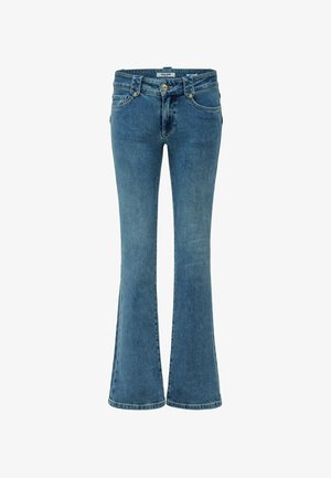 Jean en denim bleu à taille haute, fermeture par bouton et fermeture éclair, cinq poches, et jambes évasées.