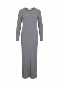 Gray ribbed long-sleeve dress with a round neckline, fitted silhouette, and floor-length design, featuring soft, textured fabric.