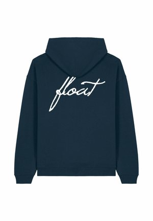 Navy hoodie gemaakt van katoen, met een witte cursieve "float"-ontwerp op de achterkant. Ribgebreide manchetten en zoom.