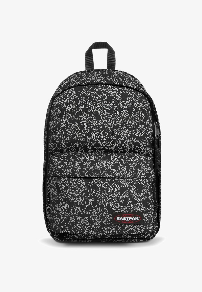 Black backpack with a speckled white pattern, featuring a front pocket, padded shoulder straps, and a top handle. Eastpak logo displayed.