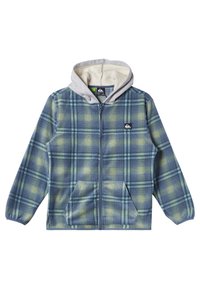 Sininen ja vihreä ruudullinen vetoketjullinen fleece-takki, jossa on kaksi etutaskua ja vaaleanharmaa huppu, jossa on kerma-väri vuori.