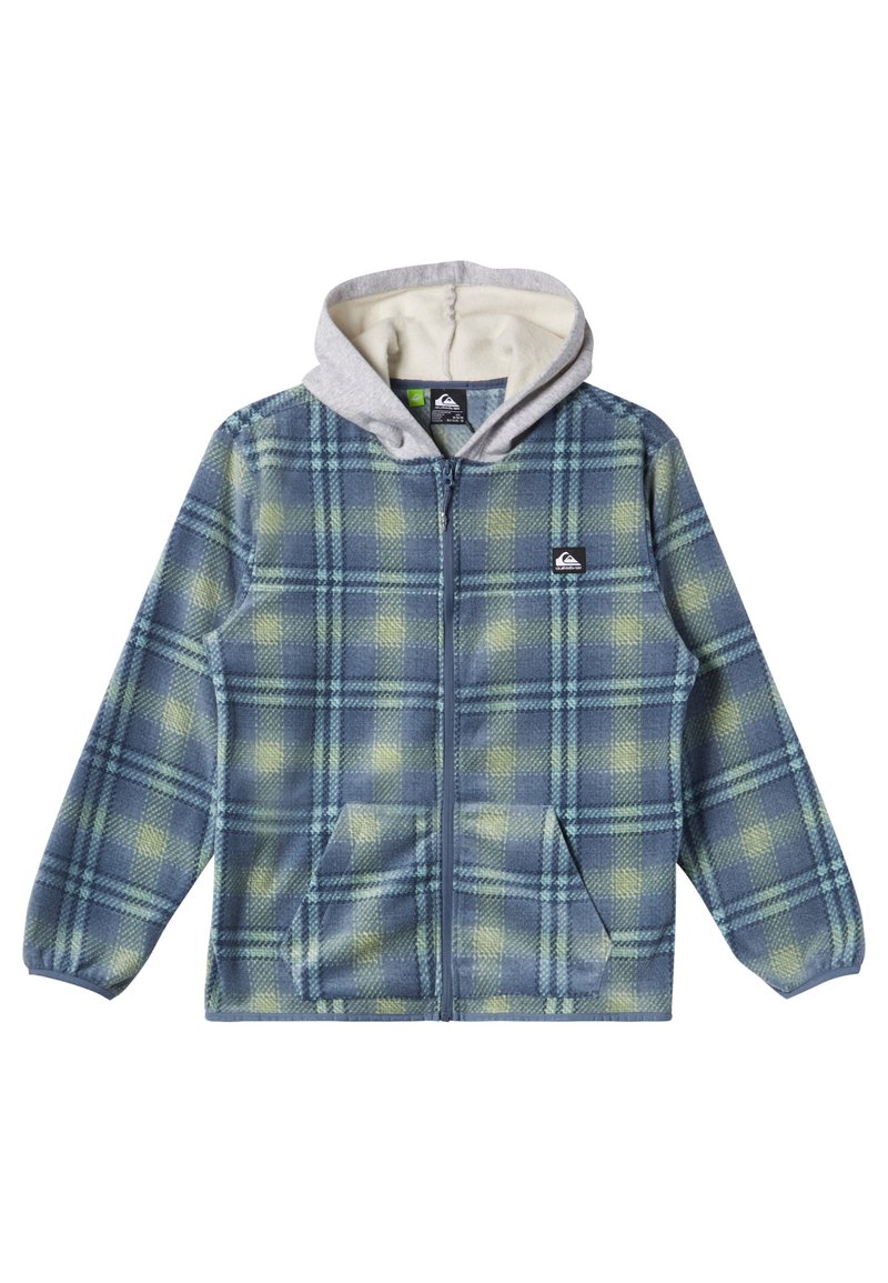 Sininen ja vihreä ruudullinen vetoketjullinen fleece-takki, jossa on kaksi etutaskua ja vaaleanharmaa huppu, jossa on kerma-väri vuori.