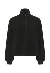 Sort, struktureret fleecejakke med høj krave, lynlås foran og sidelommer; har elastiske manchetter for en tætsiddende pasform.
