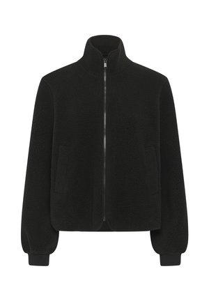 Zwarte fleece jas met textuur, hoge kraag, ritssluiting aan de voorkant en zijzakken; heeft elastische manchetten voor een nauwsluitende pasvorm.