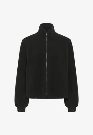 Zwarte fleece jas met textuur, hoge kraag, ritssluiting aan de voorkant en zijzakken; heeft elastische manchetten voor een nauwsluitende pasvorm.