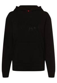 Sudadera negra con un bolsillo frontal, que presenta un logotipo texturizado de "HUGO" hecho de pequeños remaches. El material parece suave y está forrado de felpa.