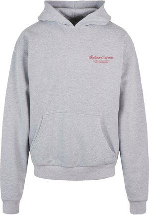 Gray hoodie made of cotton blend, featuring a front kangaroo pocket, ribbed cuffs, and red text "Italian Cuisine" with additional phrase above.