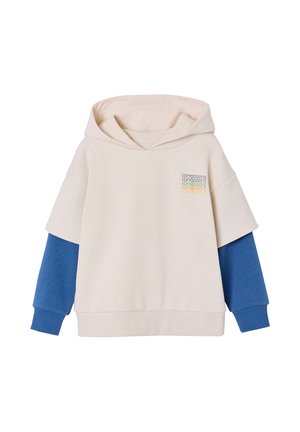 Beige hooded short-sleeve sweatshirt layered over long-sleeve blue shirt, with multicolored "longboard" text on left chest.