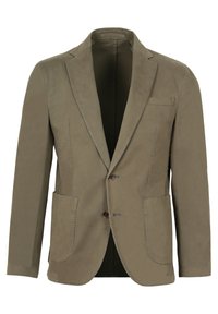 Herren Blazer in Olivgrün mit zwei Knöpfen und Reverskragen, zwei aufgesetzten Vorderaschen und einer paspelierten Brusttasche, auf weißem Hintergrund präsentiert.