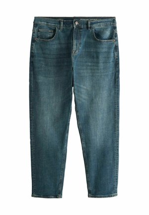 Blugi din denim albastru deschis, cu croială regular cu linie conică, închidere frontală cu nasture și fermoar, și stil cu cinci buzunare.