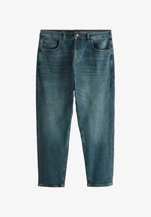 Zilas izbalinātas džinsu bikses ar regulāru šauru piegriezumu, priekškrelles pogu un rāvējslēdzēja aizdari, kā arī piecu kabatu stilu.