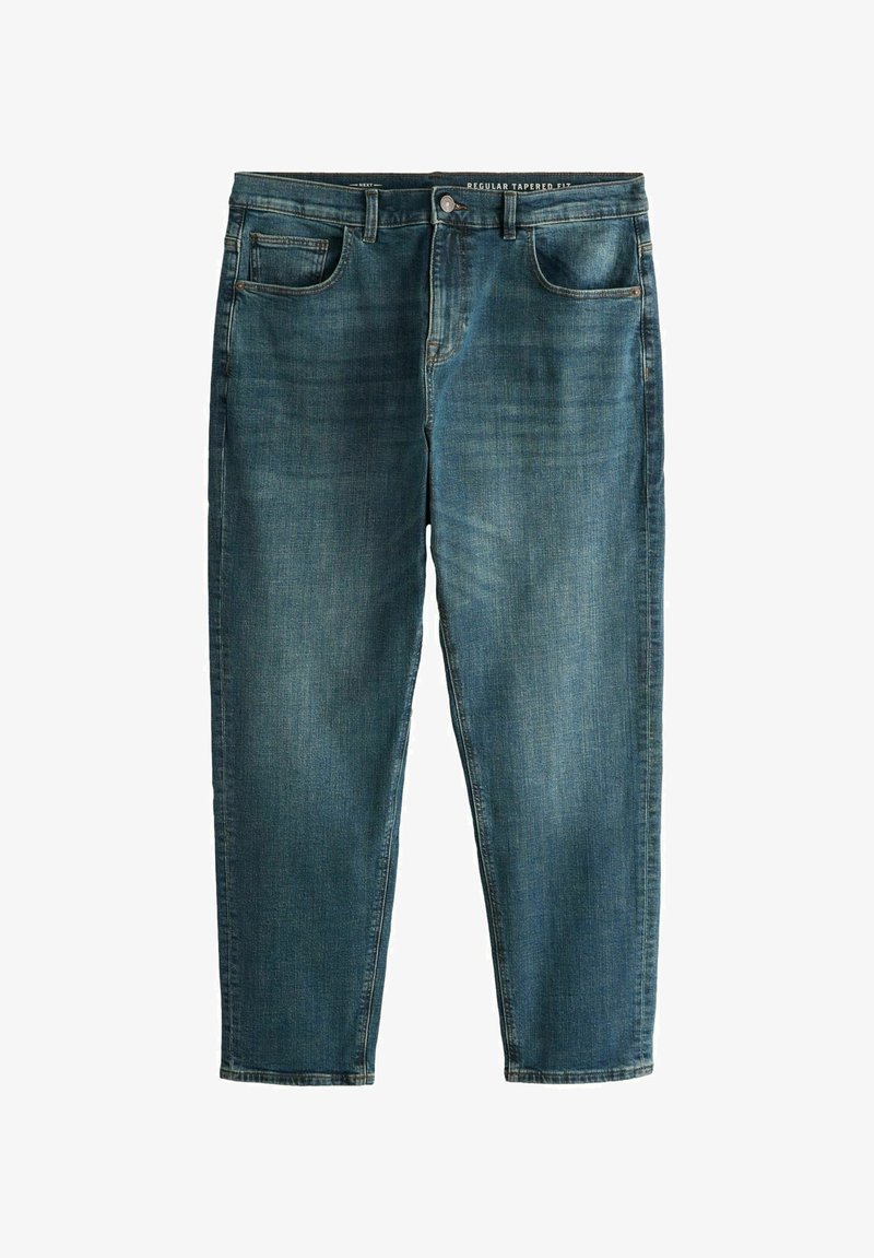 Modré vyblednuté rifle z denimu s pravidelným zúženým strihom, zapínaním na predné gombíky a zips a päťvreckovým dizajnom.