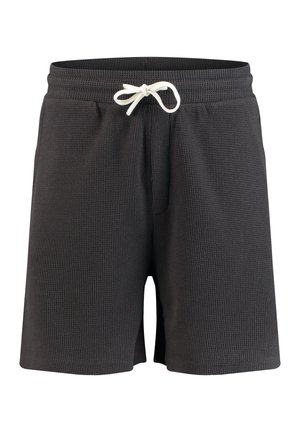 Czarne szorty z dzianiny waflowej z elastycznym pasem i białym sznurkiem z przodu, sięgające do kolan, w stylu casual.