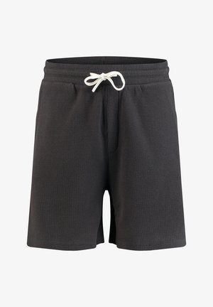 Pantaloncini neri in maglia waffle con vita elasticizzata e coulisse bianca davanti, lunghezza al ginocchio, stile casual.