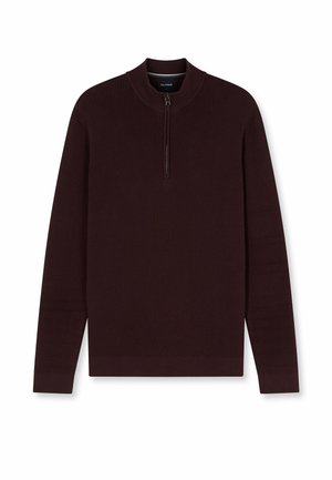 Pullover marrone scuro lavorato a maglia a manica lunga con collo a mezza zip e polsini e orlo a coste.