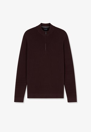 Pull en maille marron foncé à manches longues avec col à fermeture éclair sur la moitié et poignets et ourlet côtelés.