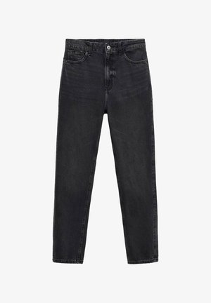 Black denim jeans with a high waist, straight leg design, five pockets, and a button closure at the front. Smooth texture, minimal fading.