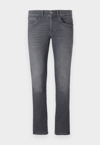 Gray denim jeans with a slim fit. Features a front button closure, five pockets, and subtle fading for texture. Straight leg design.