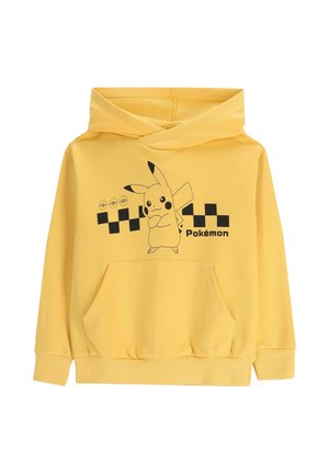Żółta bluza z kapturem uszyta z miękkiego materiału, z przednią kieszenią, regulowanym kapturem oraz czarną grafiką Pikachu z kratkowymi akcentami.