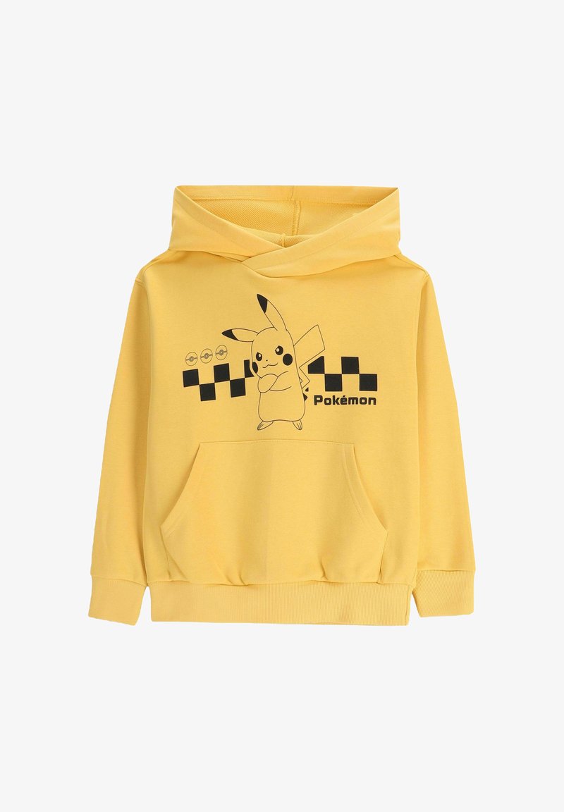 Żółta bluza z kapturem uszyta z miękkiego materiału, z przednią kieszenią, regulowanym kapturem oraz czarną grafiką Pikachu z kratkowymi akcentami.