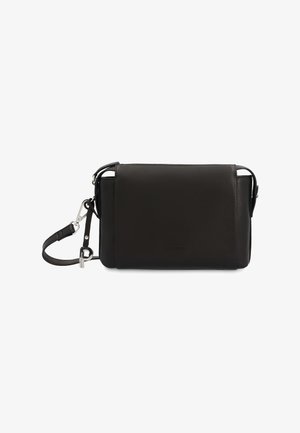 Black leather crossbody bag with flap closure, silver hardware, adjustable strap, and brand logo embossed on front.