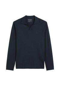Langarm polohemd in donker marineblauw, gemaakt van zachte stof. Heeft een v-hals en subtiele geborduurde logo op de borst.