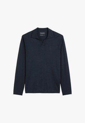 Langärmliges Poloshirt in dunkelblau, aus weichem Stoff gefertigt. Mit einem V-Ausschnitt und dezentem Logo-Stick auf der Brust.